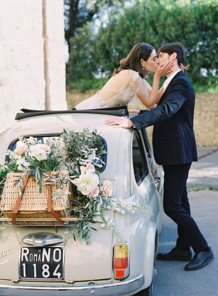 20_Romantic Flower-Covered Vintage Wedding Fiat.jpg